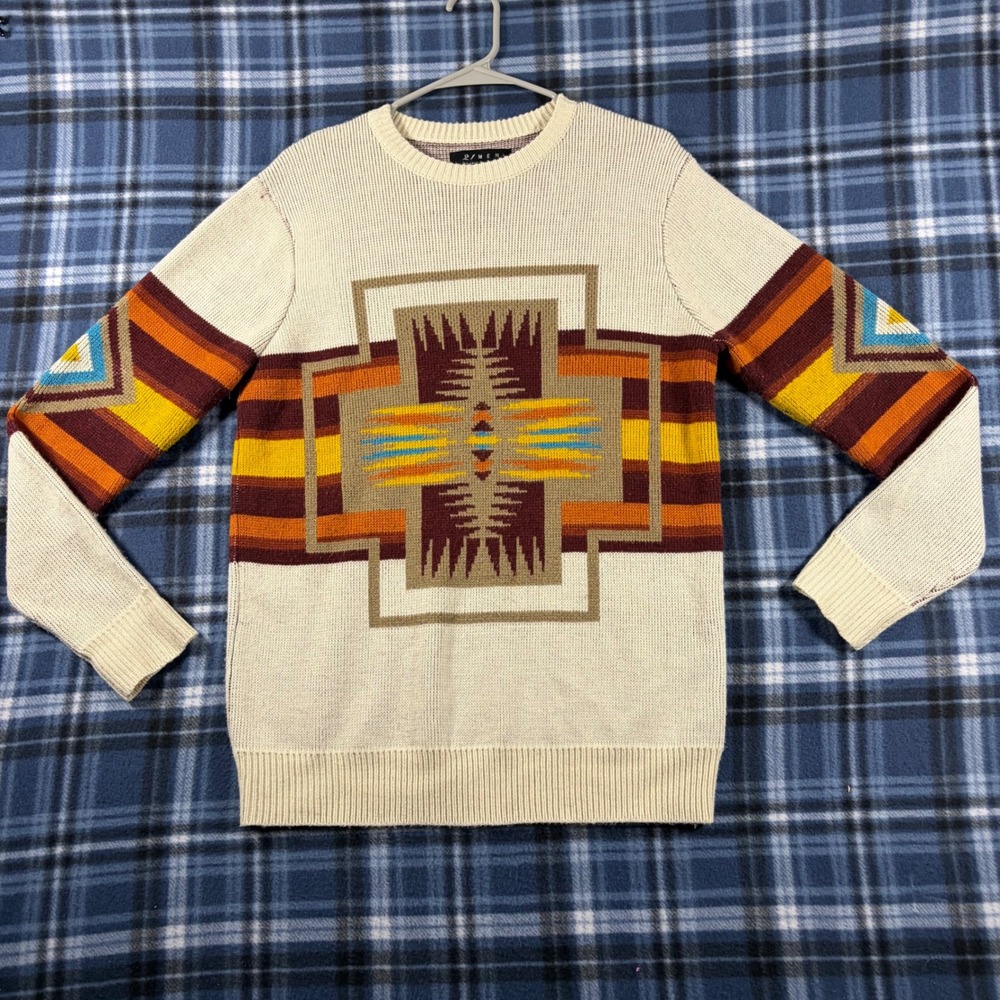 21 Men Southwestern Geometric Intarsia Crewneck Sweater Cream Burgundy Orange M